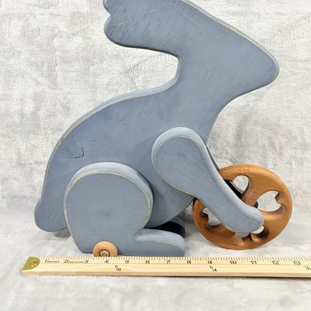 Blue Wood Bunny Rabbit‎ On Wheels Figure Decor Primitive Farmhouse Cottage Core